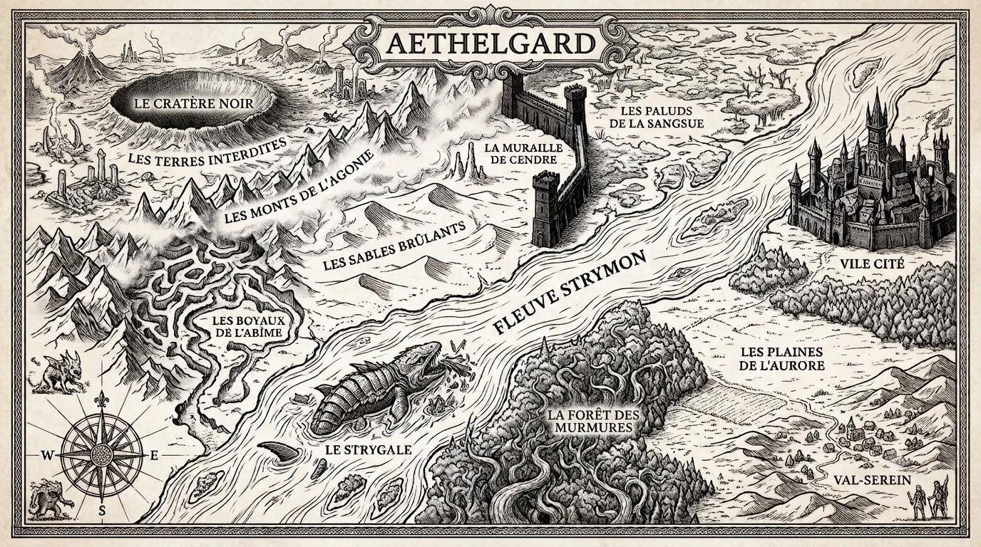 Carte du monde d'Aethelgard : Le Cratère Noir, les Terres Interdites, la Muraille de Cendre, Vile Cité, le Fleuve Strymon et la Forêt des Murmures